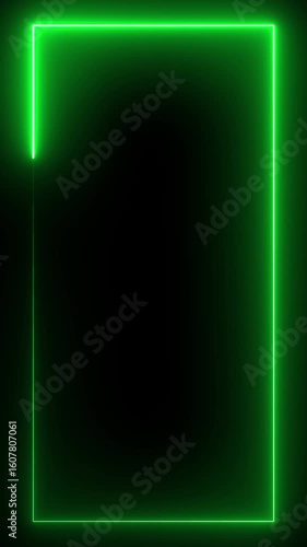 Neon glowing vertical border frame, colorful signs with sparkle, flash, and disco effects for stage, award. Neon line rectangle frame on black background.
