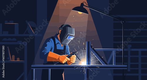 Metalworker Creates Structures With Intense Light Of Welding Sparks In Workshop