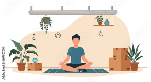 Mindful Living Man Practicing Yoga Meditation at Home for Mental Wellness
