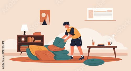 Modern Living Space With Cozy Pillows And Young Man Relaxing At Home