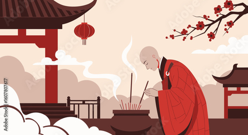 Monk Offering Incense Sticks At Temple Spiritual Devotion Illustration