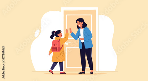 Morning Ritual Before School Little Girl Gives High Five To Her Mother
