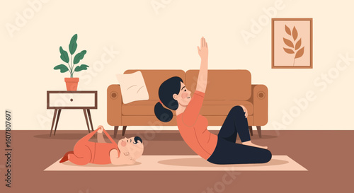 Mother Doing Yoga While Baby Plays On The Mat In Living Room