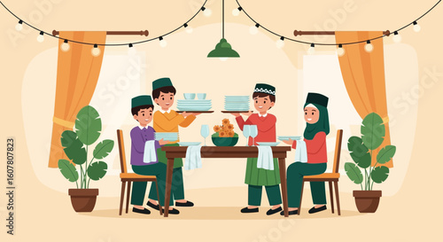 Muslim Family Preparing Iftar Meal Together For Ramadan Celebration