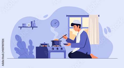 Muslim Man Cooking At Home Preparing Ifthar Food During Ramadan Time