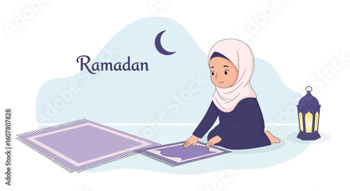 Muslim Girl Preparing For Ramadan Prayers With Traditional Lantern Scene