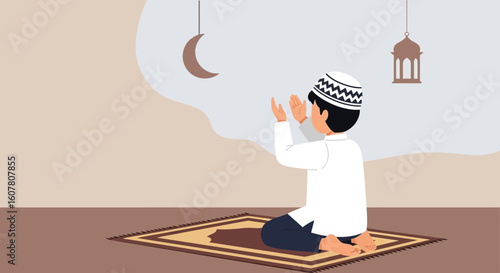 Muslim Man Praying During Ramadan Holy Month With Moon And Lantern