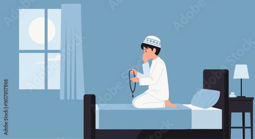 Muslim Man Praying On Bedside Table Illustration In Peaceful Bedroom Setting