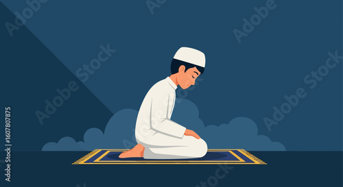 Muslim Man Praying On Rug In Traditional White Dress With Head Covering