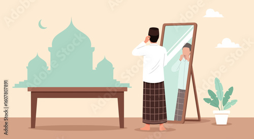 Muslim Man Prepares Himself In Front Of The Mirror At Home