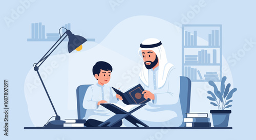Muslim Man Teaching Quran To His Son Traditional Family Islamic Education