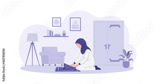 Muslim Woman Praying at Home In A Serene Violet Interior Setting