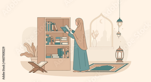 Muslim Woman Reads Book Near Bookshelf in Quiet Islamic Interior