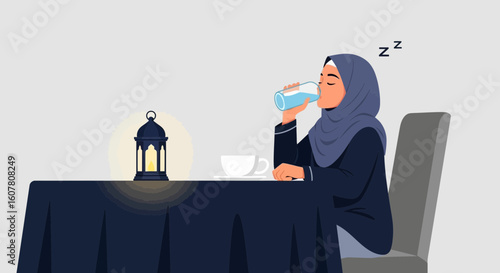 Muslim Woman Refreshing With Water During Suhoor Before Fajr Prayer