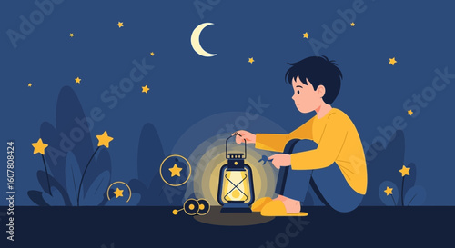 Nighttime Adventures Boy With Lantern Under The Stars Cartoon Illustration