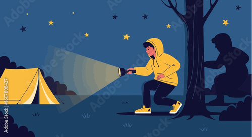 Nighttime Camping Adventure With Flashlight Discovery And Mysterious Shadow