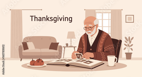 Nostalgic Moments An Elderly Man Reminiscing With a Photo Album on Thanksgiving