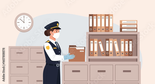 Officer With Mask Handling Sensitive Documents In An Organized Government Archive