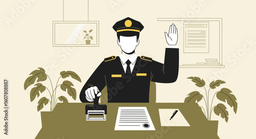 Official Approving Documents With Stamp And Raised Hand In Office Setting