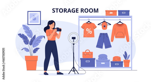 Online Seller Photographing Clothes For Her Small Business In The Home Closet