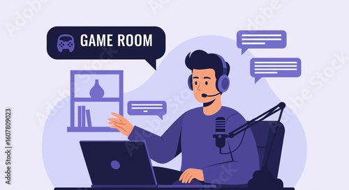 Online Streaming Game Room Setup With Gamer Wearing Headset