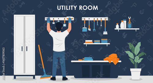 Organization And Storage Man In Utility Room Keeping Tools Orderly