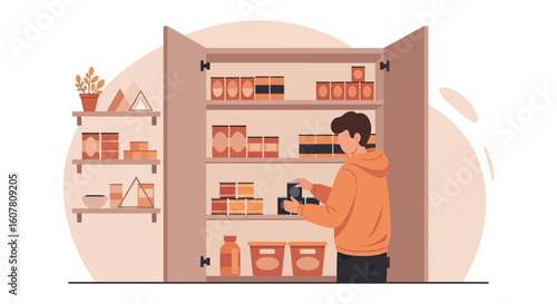 Organized Pantry Interior Scene Featuring Man Arranging Stored Food Items