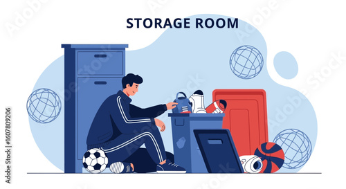 Organization Theme Man Sitting In Messy Room Sorting Items For Storage
