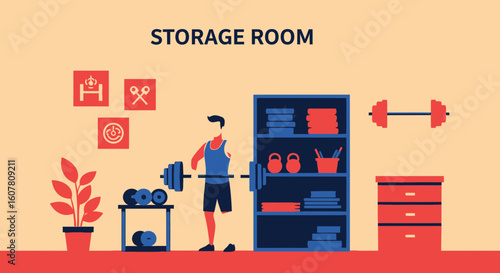 Organized Home Gym Space Featuring a Man Lifting Weights and Storage Units