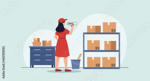 Organized Storage Woman Storing Things In Boxes At Home Or Warehouse