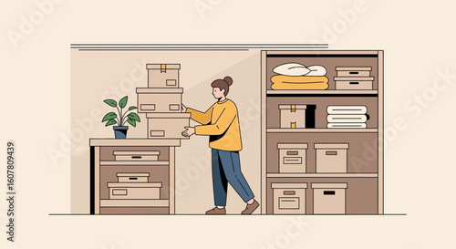 Organizing And Decluttering Home Woman Moving Boxes To Shelf
