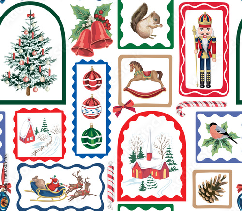 Santa Claus, church, winter house, snow, nutcracker, rocking horse, ball, Christmas tree, cone, bullfinch, squirrel, mistletoe, red bell in frame print. Merry Christmas, New Year patchwork pattern.	