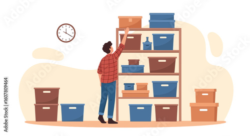 Organizing And Shelving: A Cartoon Man Reach In A Storage Space