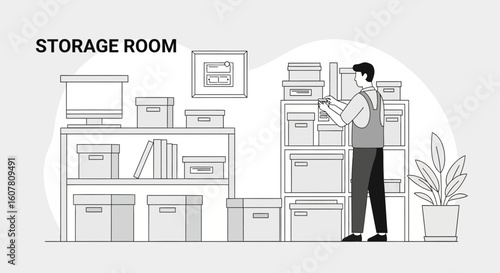 Organizing Boxes In The Storage Room With Shelves And Potted Plant