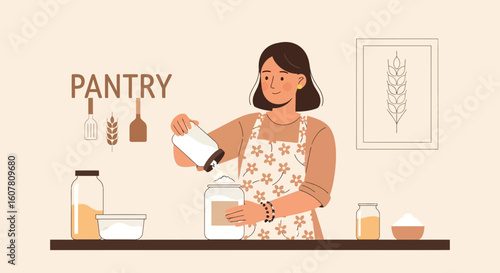 Organizing Her Kitchen Pantry With Jars And Containers For Efficient Storage