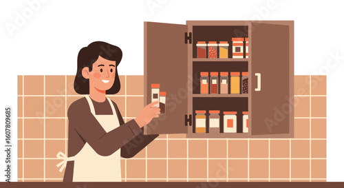 Organizing Herbs And Spices At Home In Cupboard At Kitchen Woman Concept