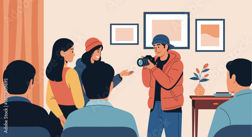 Professional Photographer Takes Photos During An Indoor Event For Spectators