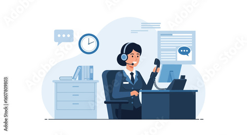 Professional Woman Providing Customer Support Through Technology At Workplace