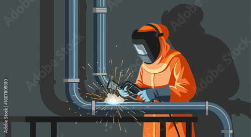 Professional Welder Working on Pipeline With Protective Gear And Welding Sparks