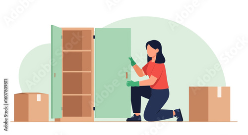 Professional Woman Moving Into New Home Arranging Wardrobe And Unpacking Boxes
