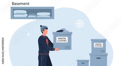 Organizing Winter Clothes In Basement, Man Holding Box With Winter Clothing