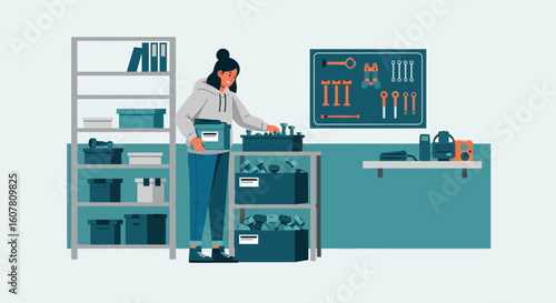 Organizing Workshop Woman Arranging Tools And Supplies For Crafts Or Repair Work