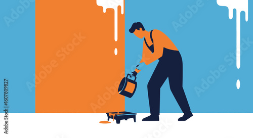 Painter Renovating House With Orange Paint Brightening Up the Interior