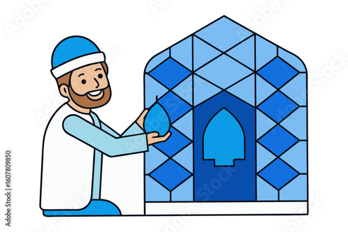 Man in traditional desert attire holds a falcon on his gloved hand in a sandy landscape