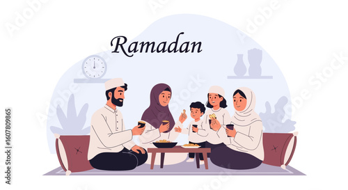 Ramadan Family Gathering Illustration Featuring Diverse Family Members Celebrating Together