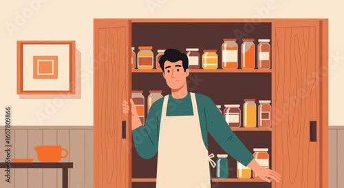 Pantry Organization Man Standing Near Food Preserves on Shelves in The Kitchen