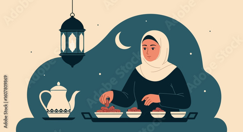 Ramadan Feast Celebration With Woman Serving Traditional Dates At Night