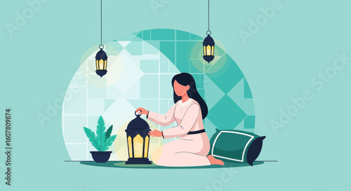 Ramadan Kareem Celebration Illustration Featuring Young Woman Lighting Festive Lantern