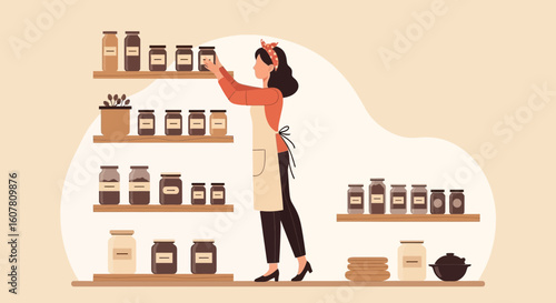 Pantry Organization With Woman Arranging Jars On Shelves In Home Storage Concept