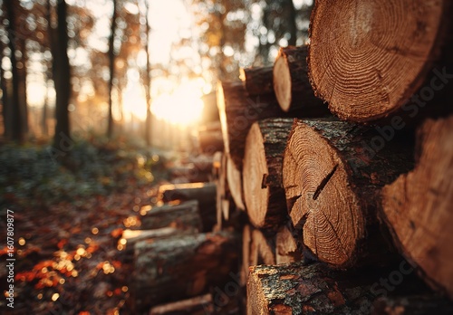Close-Up of Cut Wood with Visible Rings Stacked in Forest at Warm Sunset Light